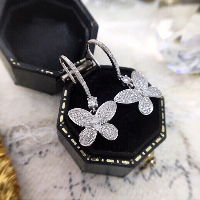 Aazuo Real 18K Solid White Gold Natrual Diamonds 0.60ct Butterfly Hook Earrings Gifted For Women Advanced Wedding Party Au750