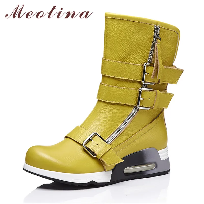 

Meotina Winter Mid Calf Boots Women Natural Genuine Leather Zipper Flat Platform Boots Buckle Round Toe Shoes Lady Fall Size 39