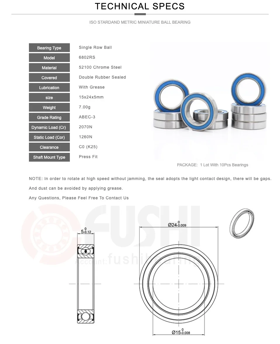 6802RS rolamento, 6802 RS 2RS, ABEC-3, Hobby Truck, 10PCs, 15x24x5mm, 6802