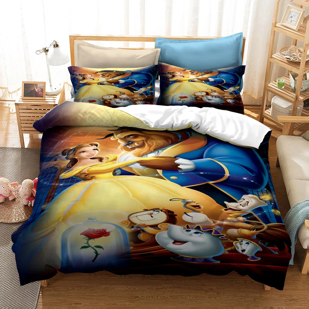 Bedding-Set Duvet-Cover Quilt Beauty-And-The-Beast King Bedroom-Decor Linens Kids Princess