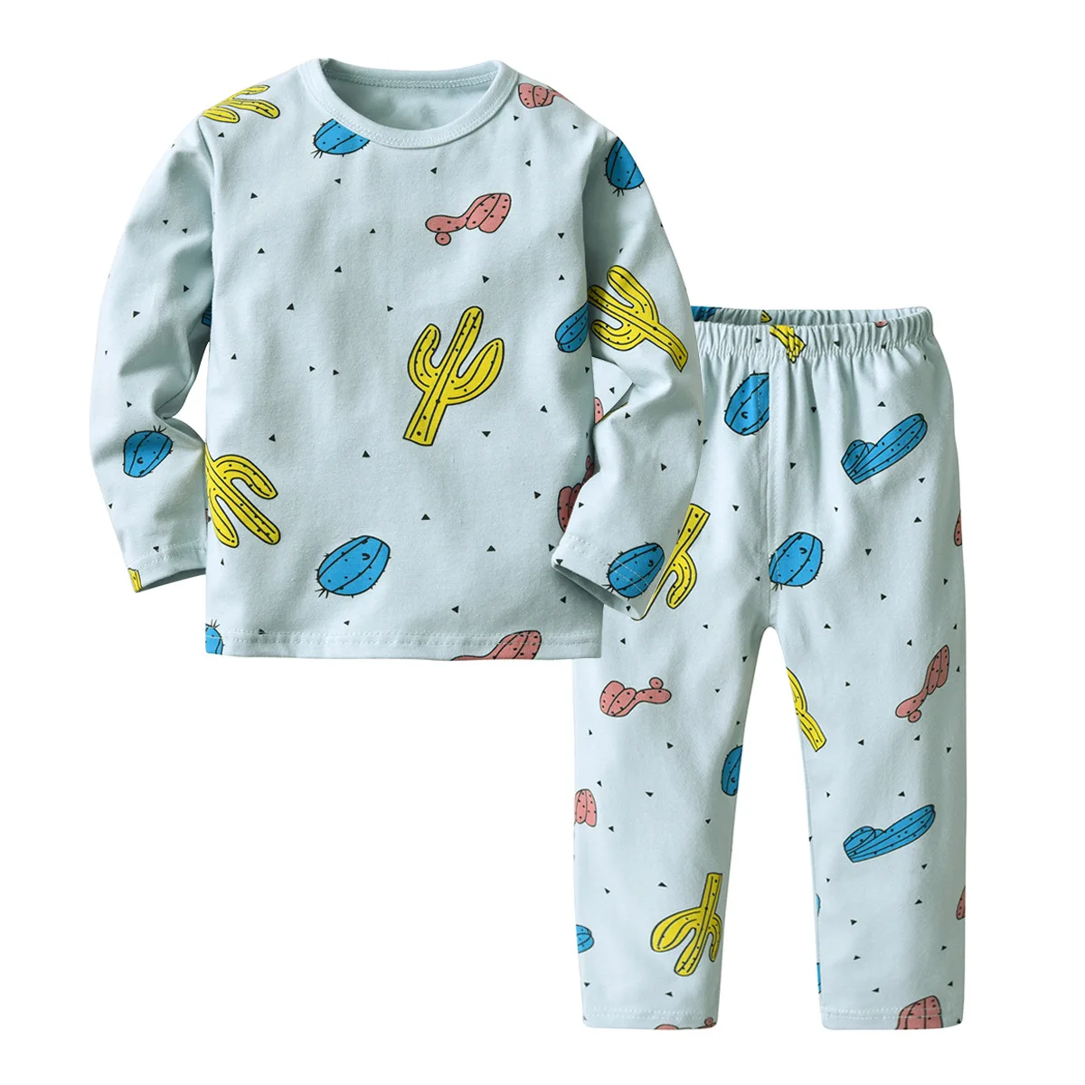 

Europe And America Children Tracksuit Soft Wool Brushed Lycra Set Full Printed Cactus Printed Pajamas Two-Piece Set