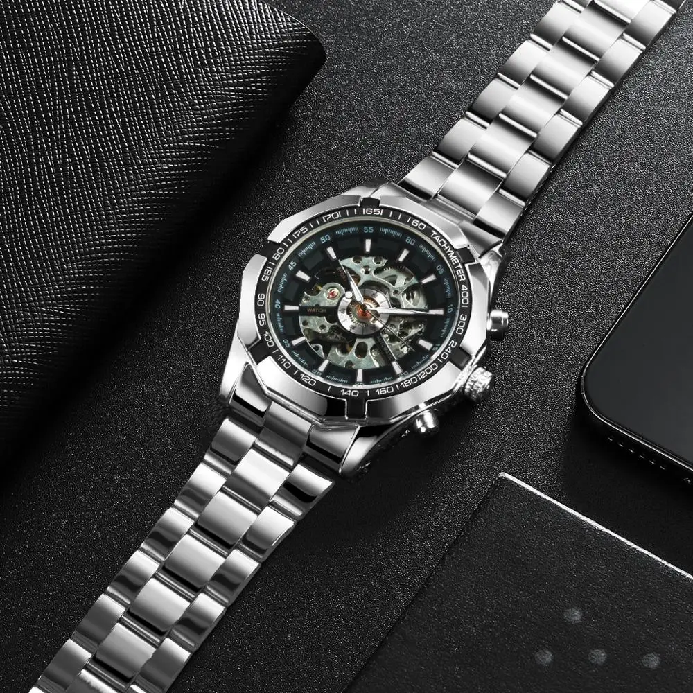 Мужские механические часы скелетоны с ремешком из нержавеющей стали|watch automatic|watch