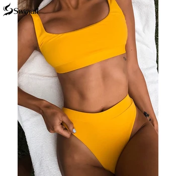 

Solid High Leg Bikini Swimsuit Women High Waist Bikini Set Two Piece Swimwear Female Crop Top Bathing Suit Swimming Wear