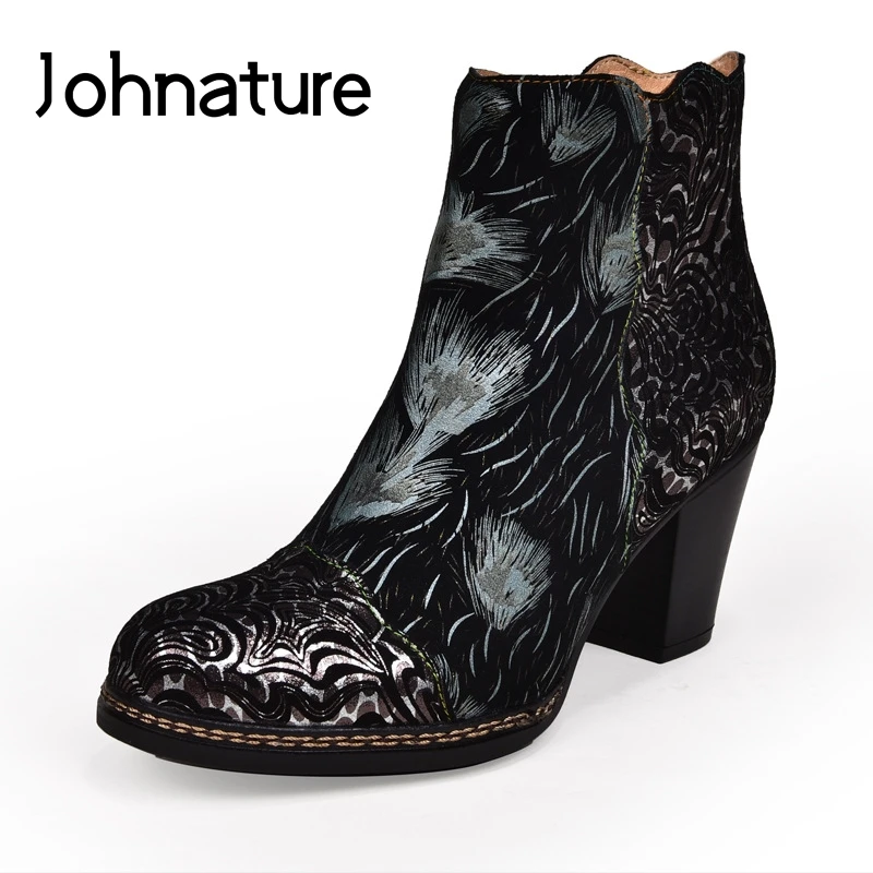 Johnature High Heel Boots Genuine Leather 2019 New Autumn Women Shoes Zip Round Toe Square Floral Totem Ankle | Обувь