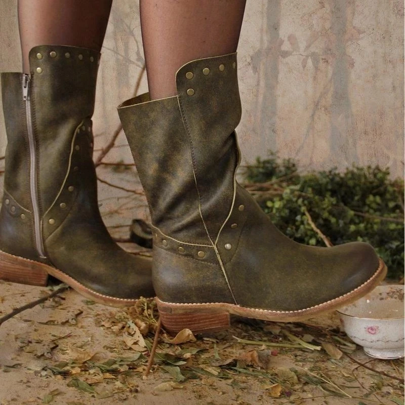 

Autumn Fashion Retro Womens Boots Zipper Rivet Snow Boots Female Winter Warm Flat With Mid-Calf Boots Women Shoes Size 35-43