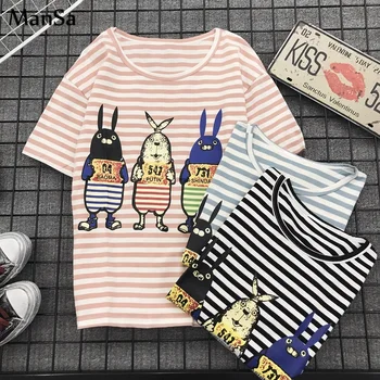 

Korean cartoon printed T Shirt Harajuku Women Tshirt Summer Short Sleeve casual loose T-shirts kawaii 90s girl Striped pink Tops