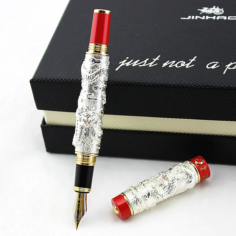 Jinhao, металлическая серая авторучка с двойным драконом, перьевая ручка иридиевая, средний перьевой наконечник, передовое ремесло, ручка для письма, подарочная ручка для бизнес-офиса выпускника