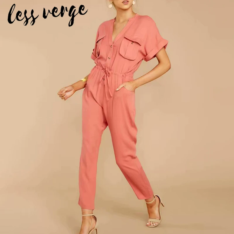 lessverge Green v neck short sleeve women jumpsuit long Casual pockets lace up ladies jumpsuit romper Plus size sexy overalls