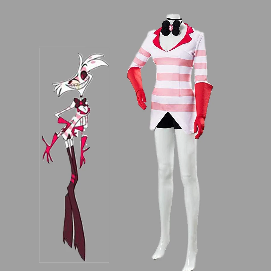 

Anime Hotel Cosplay Costume Webcomic Dust Angel Uniform Women Girls Mardi Gras Carnival White Suit with Pink Stripes