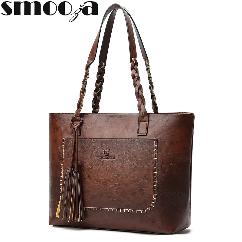 

SMOOZA Fashion Large Capacity Causal Shoulder Bags for Women 2018 Fall Leather Fringe Purse Handbags Retro Tassel Shopper Tote