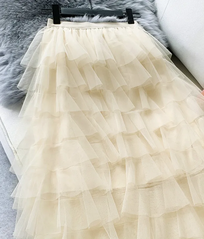 beige Женские Асимметричные тюлевые юбки Эластичная Высокая талия сетчатая юбка-пачка со складками Длинная Юбка-миди Saias Faldas Jupe Femmle - Цвет: beige