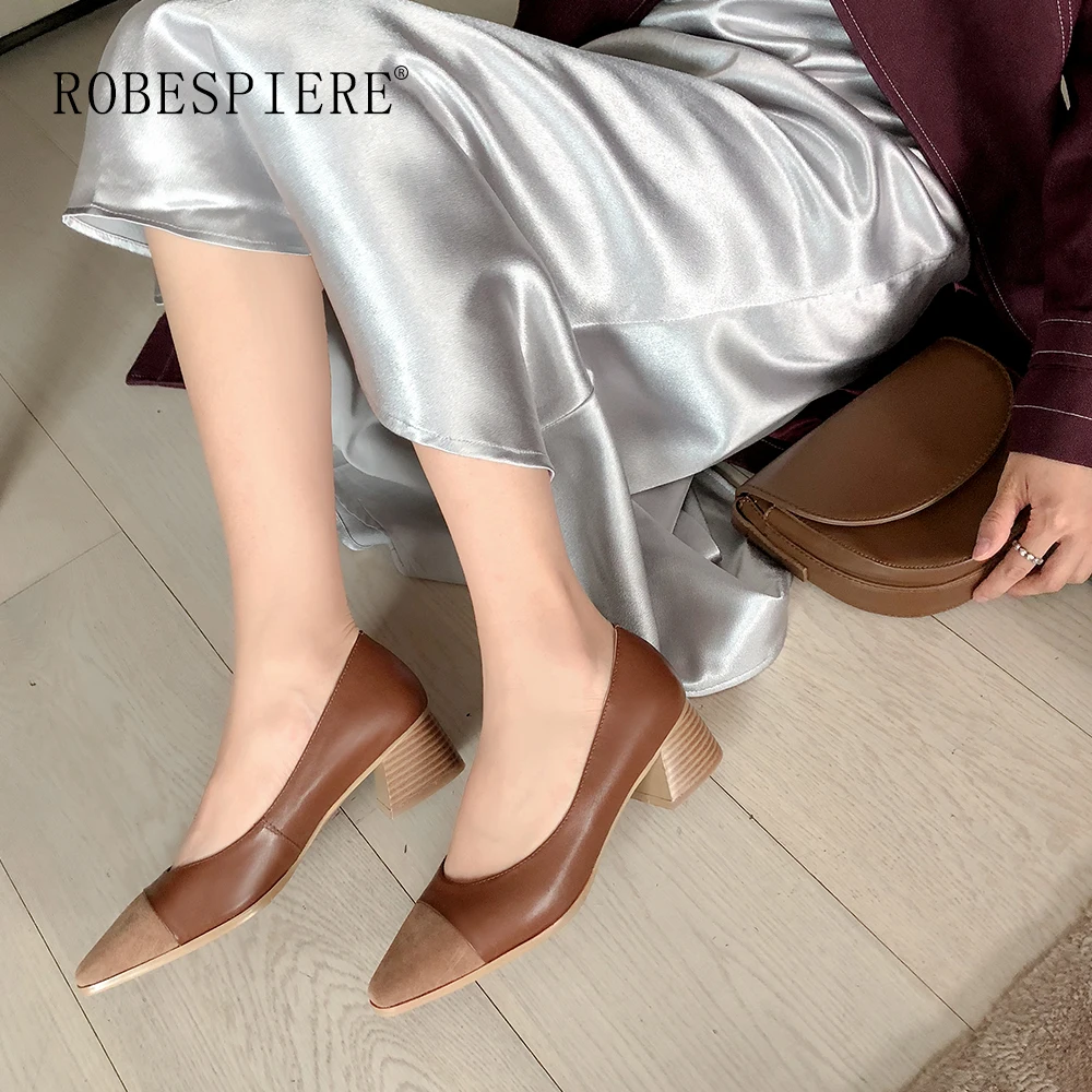 ROBESPIERE; Новинка; Популярные коричневые женские туфли-лодочки на толстом каблуке; качественные туфли из натуральной кожи с квадратным носком; женские свадебные туфли-лодочки для офиса; A31