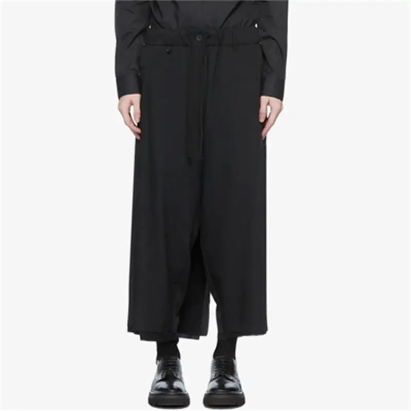 

Autumn and winter new black multi-layer skirt with nine-point trousers male dark adjustable asymmetrical loose leg trousers