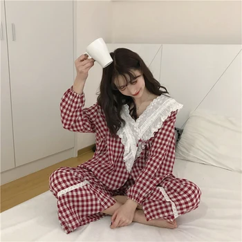 

Japanese 2020 New Sweet Three-Piece Suit Cute Lattice Camisole Pajamas Home Service Kawaii Lace Vintage Student Suit Women