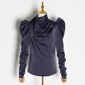 

AEL OL Elegant Women's Satin Shirt Puff Sleeve Bodycon Lace Up Stand Collar Female Temperament Shirt 2020 Spring New Fashion