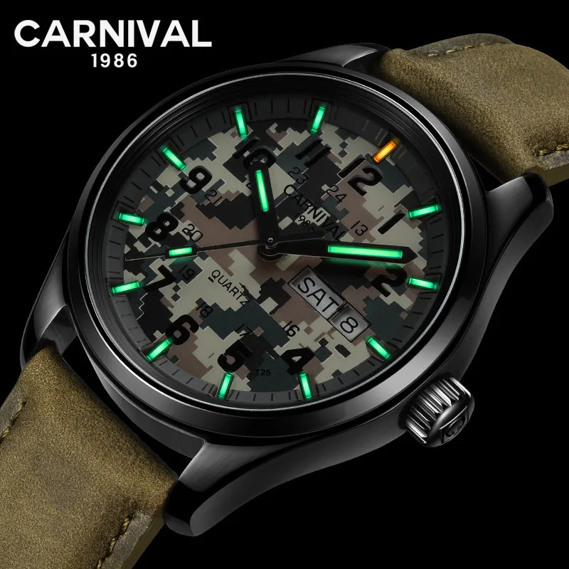 Роскошные мужские часы карнавал T25 Tritium светящиеся кварцевые камуфляжные военные