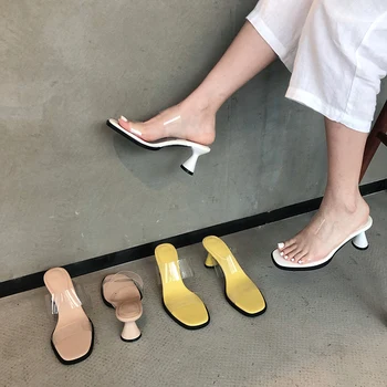 

Transparent Women Sandals Open Toe Slides Casual Fashion Slippers Round Mid Heels Slides Fashion Narrow Band Party Mules Slip On