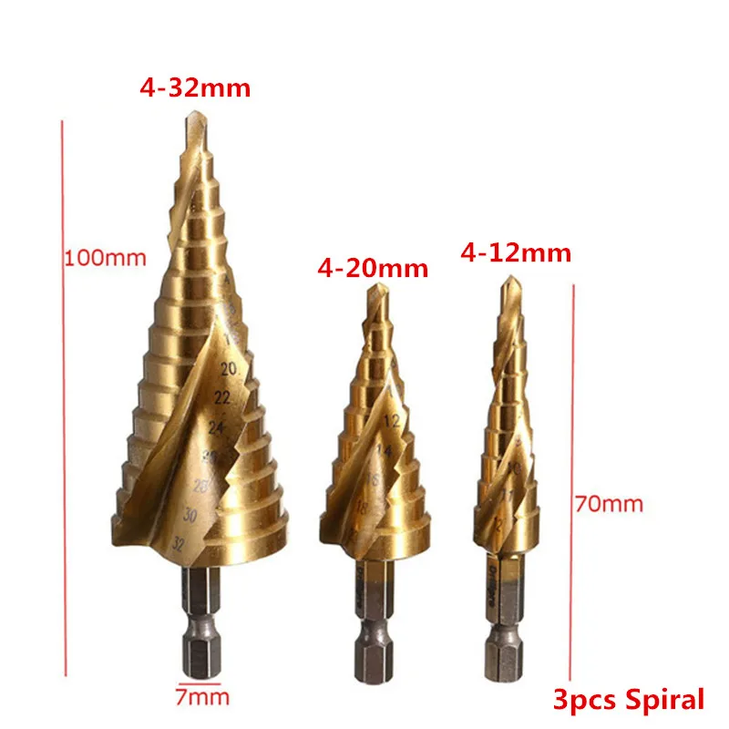 3pcs Spiral Многоразмерные HSS Стальные титановые ступенчатые сверла 4-12/4-20/4-32 мм ступенчатые конусные режущие инструменты сталь Деревообработка Дерево Металл сверление - Цвет: 3pcs Spiral