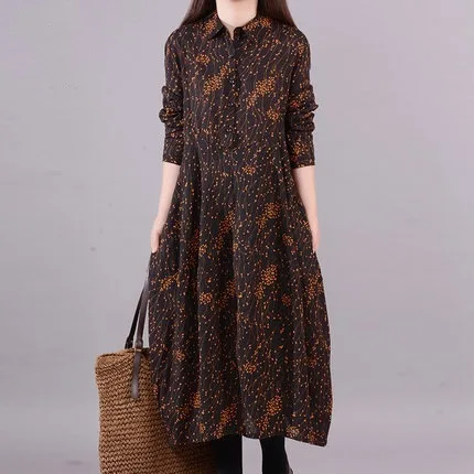 

2019 Spring Clothing New Style Loose-Fit Long Sleeve Large Size Printed Base Cotton Linen Dress Women's