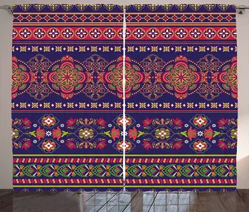 

Paisley Window Curtains Floral Pattern in Border Design of Flowers Geometrical Shapes and Lines Print Living Room Decor Bedroom