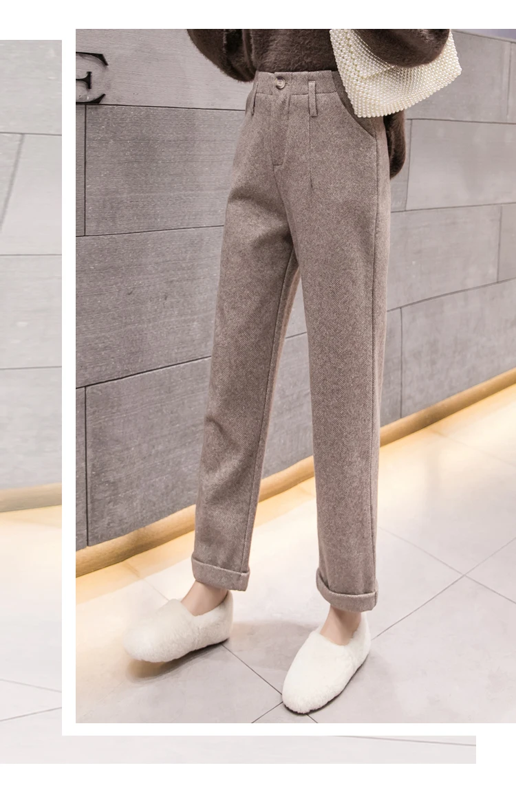 S-2XL осень зима толстые шерстяные брюки женские до щиколотки Высокая талия костюм брюки женские плюс размер прямые брюки женские