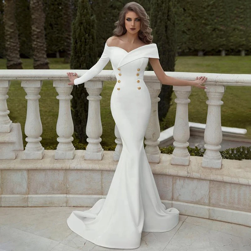 2020 New Style Satin Mermaid Wedding Dresses Off Shoulder Long Sleeve Wedding Gowns Button Dress Bride Dresses Robe De Mariee