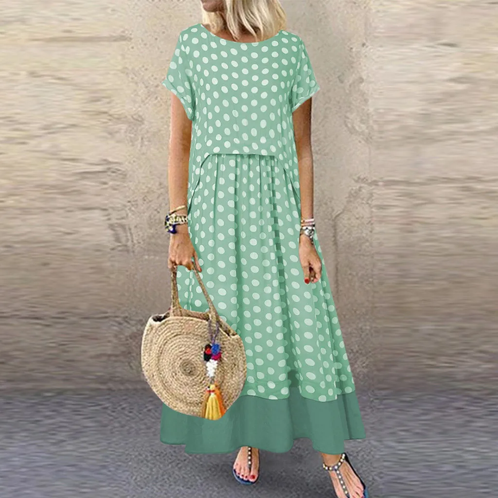 Women Polka Dot Print Fake Two Pieces Long Dress O-Neck Short Sleeve Summer Plus Size Maxi Dress Big Size Mid Casual Beachwear
