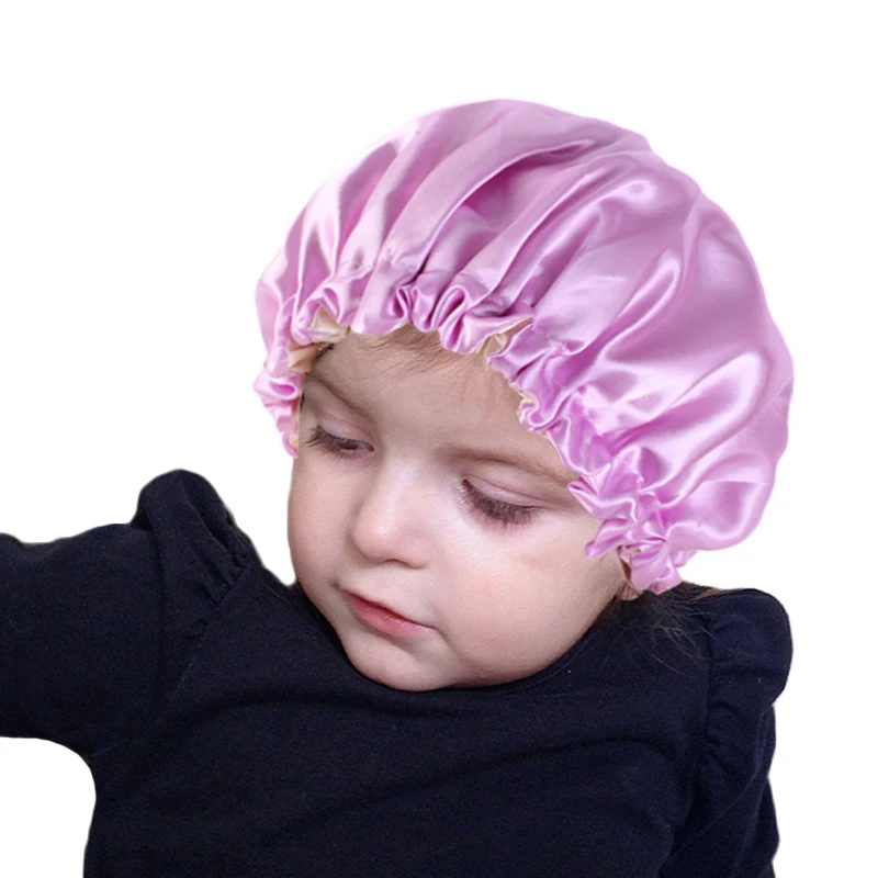 Регулируемая Шапочка для сна для девочек, ночная тюрбан, детский однотонный головной убор, милая шапка, аксессуары для волос, детская шелковистая Атласная шапочка, двухслойная