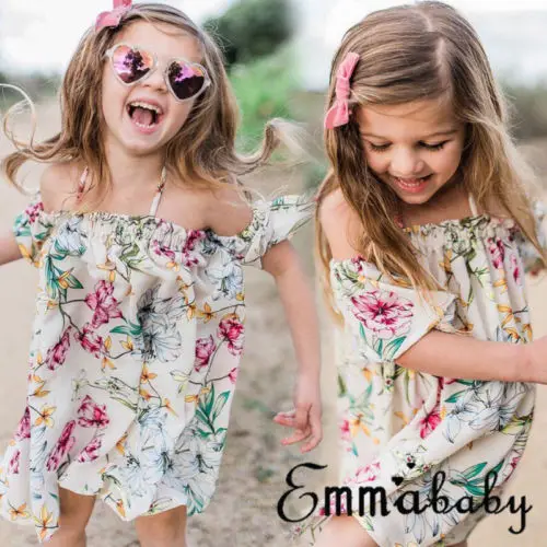 New Style Kid Baby Girls Floral Dress Boho Off Shoulder Short Sleeve Princess Girl Child Summer Holiday Beach Sundress Clothes | Детская