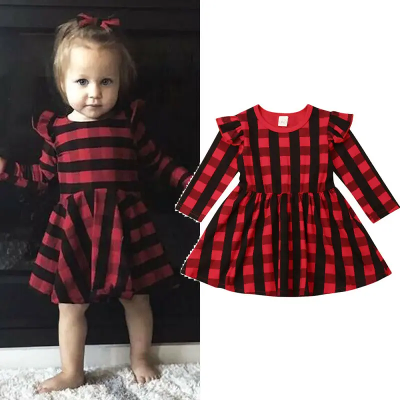 Emmababy, детское осеннее красное клетчатое рождественское платье с длинными рукавами и оборками для маленьких девочек праздничное платье-пачка принцессы