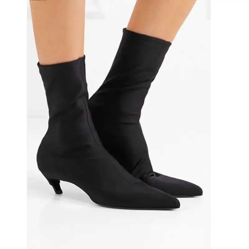 

Spring Stretch Fabric Ankle Boots Low-Heels Pointed Toe Square Head Women Boots Winter Sexy Ladies Cat Heels Design Women Shoes