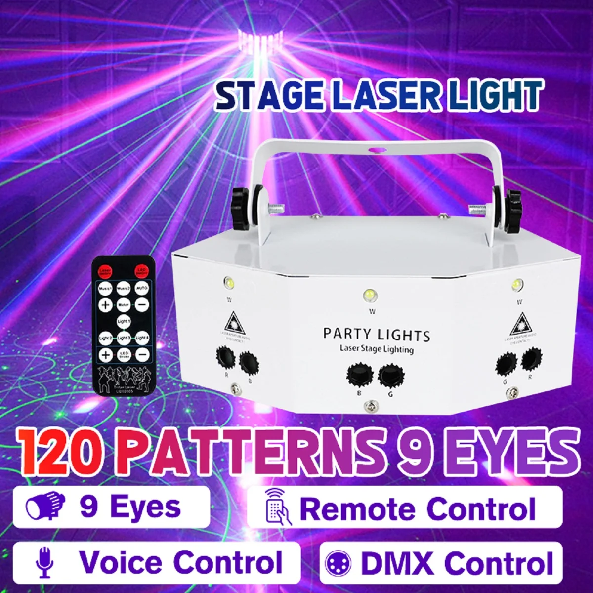 9 Eyes Laser Projection Lamp DMX Laser Strobe Pattern Remote RGB Night Headlight Projector Light for Disco KTV Club Stage Party