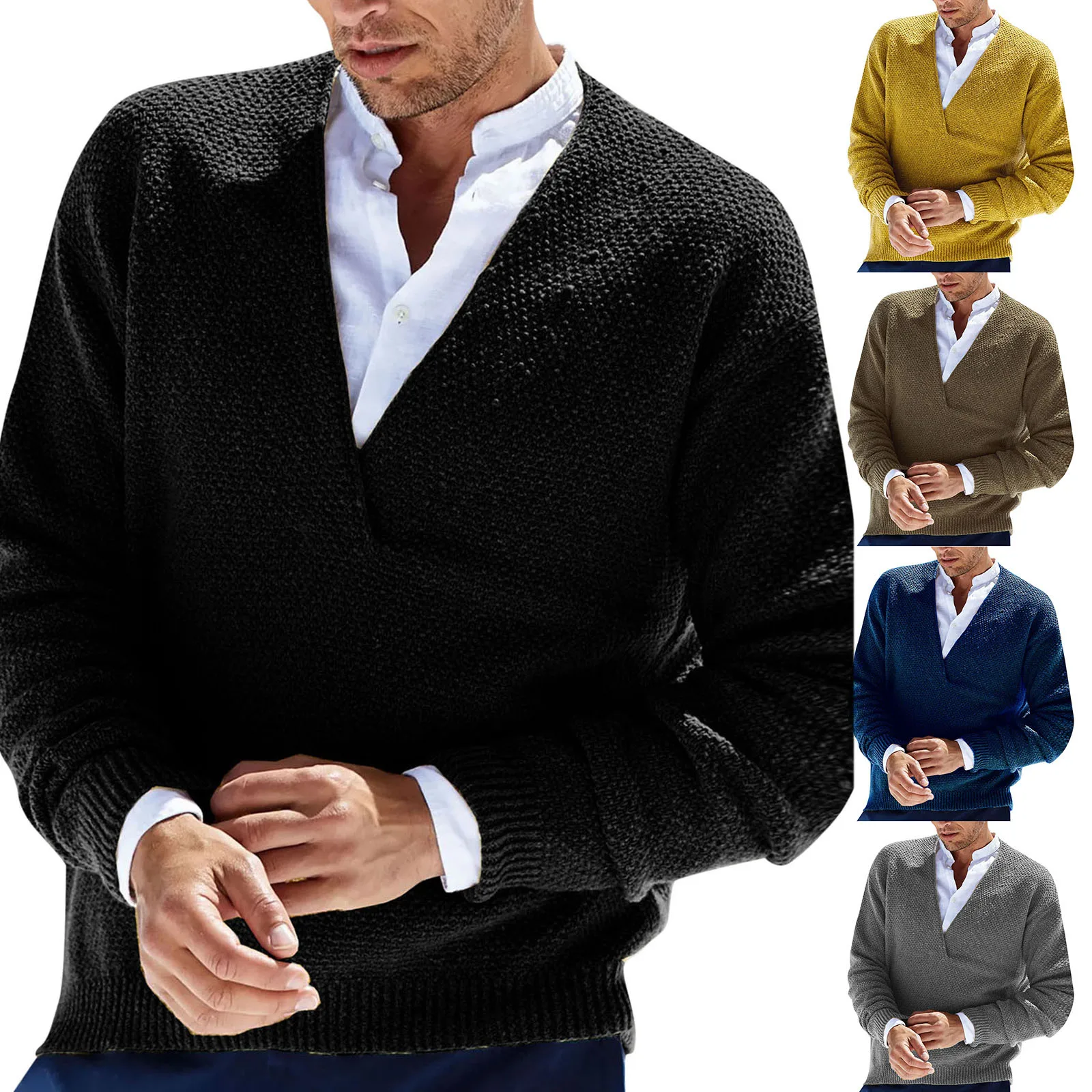 Men's Autumn And Winter Pullover V-neck Solid Color Cardigan Sweater Coat Fashion Business Casual Warm Sweater Harajuku 1