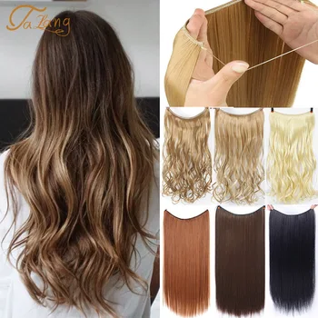 

TALANG Natural Synthetic Fake No Clip In Halo Hair Extensions Invisible Wire Secret Fish Line Hair Pieces Silky Straight