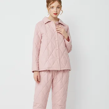 

100% cotton new women's long sleeve thickened warm three layer cotton pajamas, autumn and winter leisure home furnishing suit