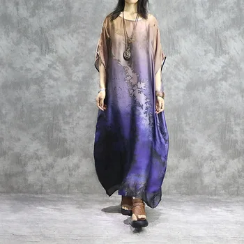 

Retro Silk Printed Long Dress Cotton Suspenders Loose Two Piece Suits Fashion National Style Irregular Suits for Women