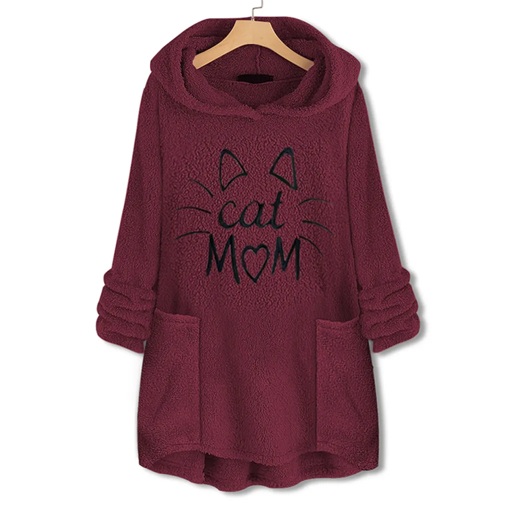 Women Sweatshirt Women Cat Mom Fleece Embroidery Cat Ear Hoodie Sweatshirts Pocket Pullover Top mujer Winter Hoodies#L20