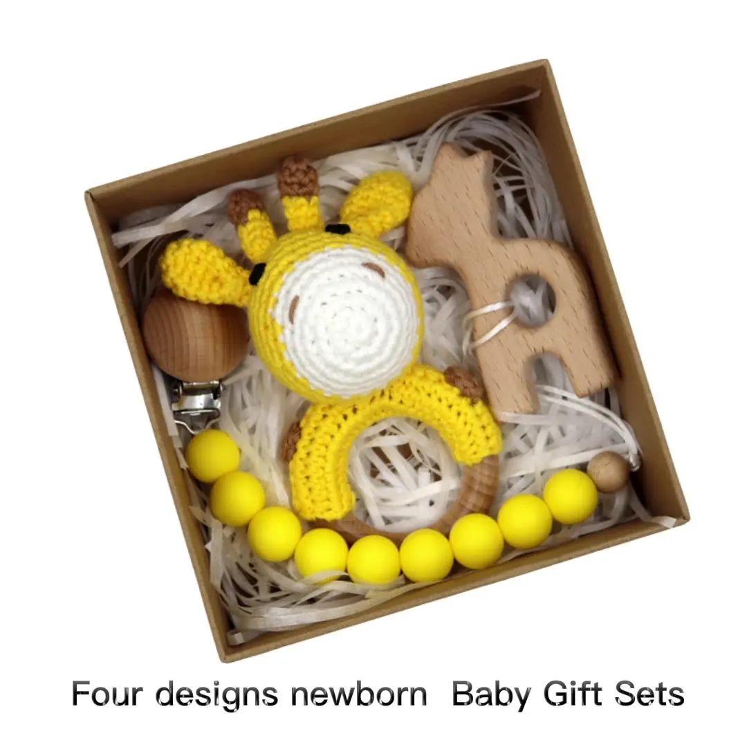 

Macrame crochet Animal Teether Set Toy Wooden Teether Rattle Silicone Pacifier Chain Newborn Baby Gift Sets