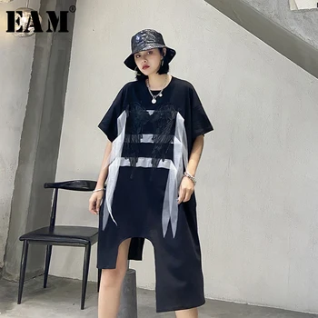 

[EAM] Women Wrings Split Asymmetrical Big Size Long T-shirt New Round Neck Half Sleeve Fashion Tide Spring Summer 2020 1U009