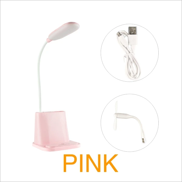USB Перезаряжаемый Светодиодный настольный светильник с сенсорным затемнением для защиты глаз, настольная лампа для детей, для чтения, для учебы, прикроватный, для спальни, Настольный светильник - Испускаемый цвет: Pink With Fan
