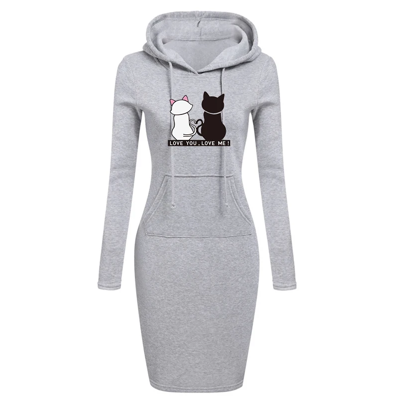 Funny Cat Print Women Hoodies Sweatshirts Long Sleeve Dress Vestidos Winter Woman Clothing Hooded Drawstring Pocket Pullover