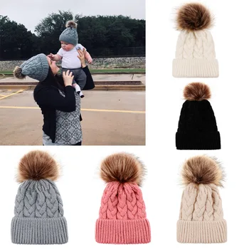 

Cute Kids Girls Hats Mother Daughter Warm Knitted Hat Family Matching Children Hats Solid Winter Newborn Infant Hat Beanie Caps
