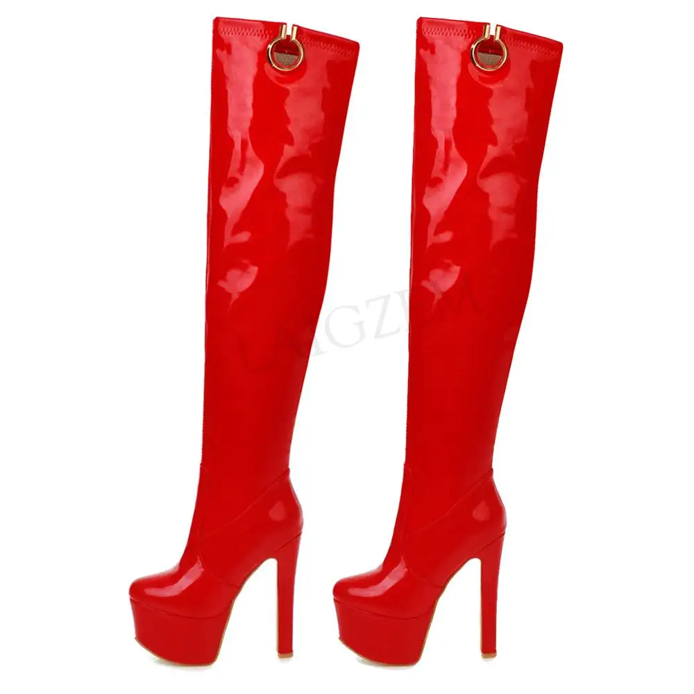 

LAIGZEM Women Over Knee Platform Boots  Patent Wetlook High Heels Boots Slip On Waterproof Winter Botines Mujer Big Size 33 48