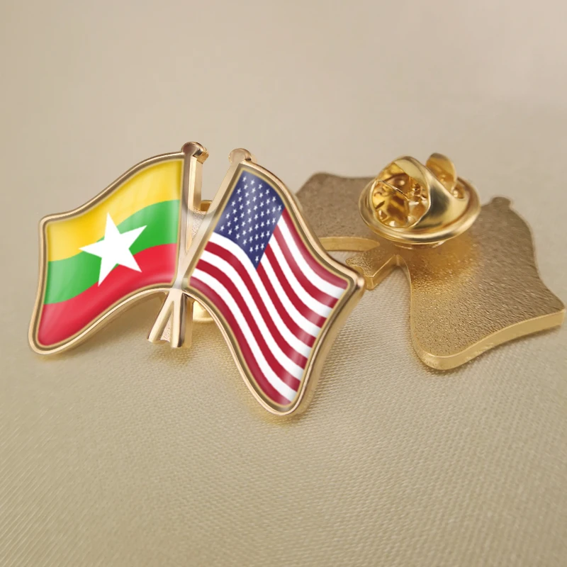 

Myanmar and United States Crossed Double Friendship Flags Lapel Pins Brooch Badges