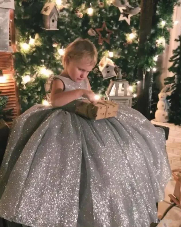

Ball Flower Girl Dress Silver Shiny Material Little Princess Birthday Party Pageant Gown Party Communion Dress Pageant Gown
