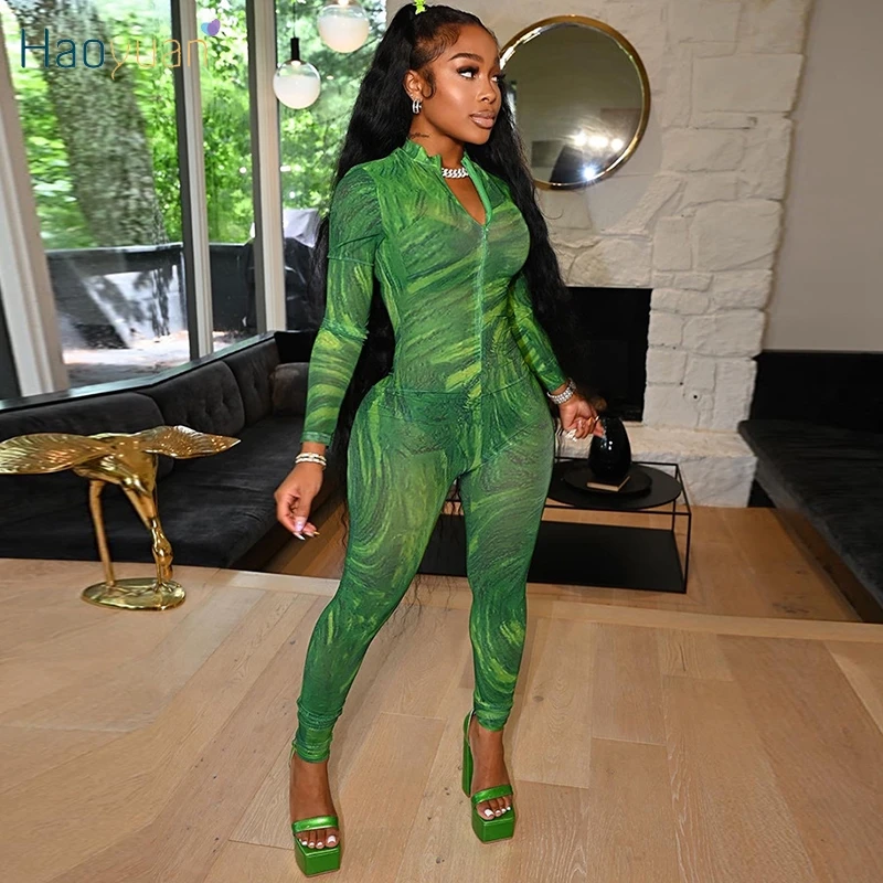 Haoyuan Tie Dye Long Sleeve Sexy Jumpsuit Women Elegance Clothes Zip