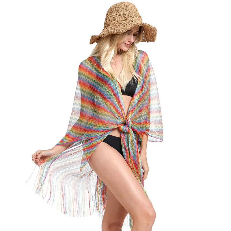 

2020 Summer Beach Towel Solid Color Blouse Shawl European American National Shawls Colorful Slit Beach Towel Fringed Scarf