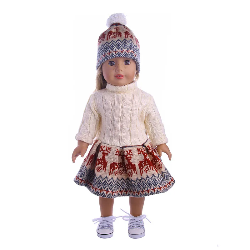 Кукольный свитер, одежда, лидер продаж, комплект = шляпа+ платье, подходит для детей 18 дюймов, американский и 43 см, подарок на Рождество и день рождения для девочек