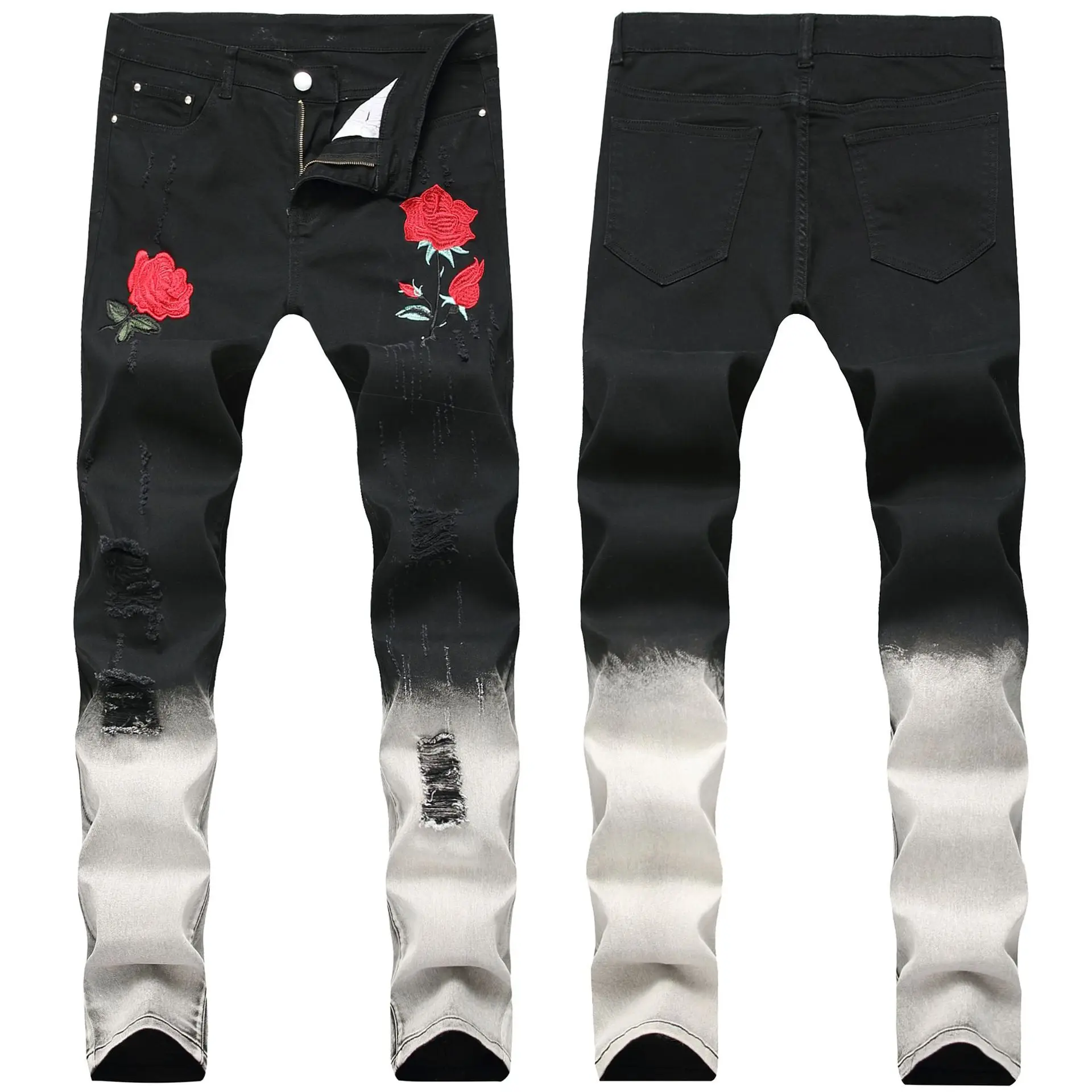 New Style Black Skinny Men's Rose embroidery Hole Men Jeans Fashion