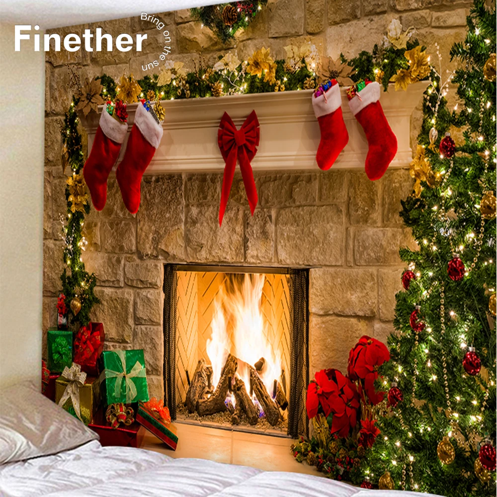 Christmas Tree Gifts Fireplace Print Tapestry Wall Hanging Art Decor
